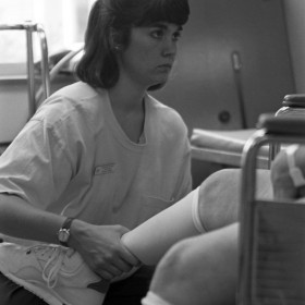 Kathleen Pullano works at Braintree Rehab Hospital on Northeastern co-op, 1992