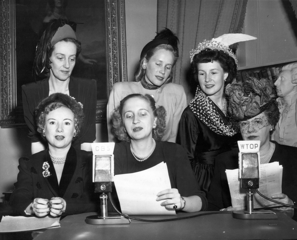 Bouvé alumna Barbara Hiltz Baker (standing center) participates in March of Dimes broadcast from the White House, January 28, 1948  
